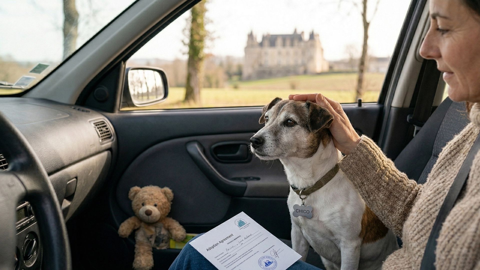 chien adopté dans une voiture