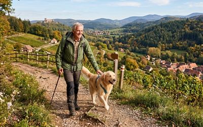 Maître et son chien se promenant en Alsace