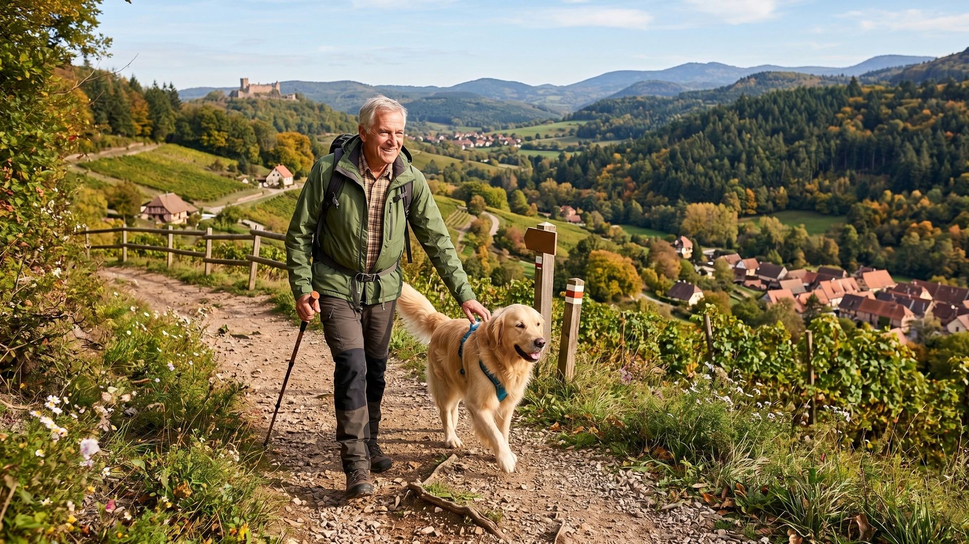 Maître et son chien se promenant en Alsace