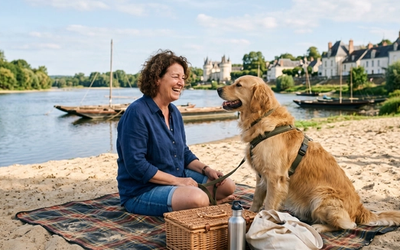 Maîtresse et son chien sur une plage de Pays de la Loire