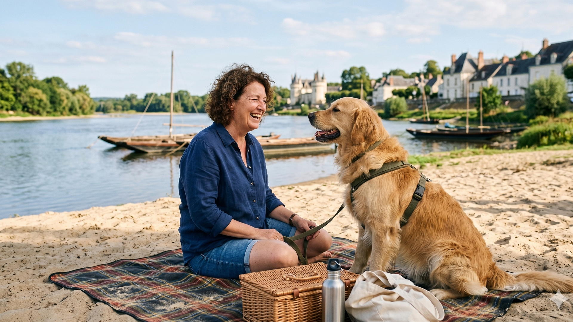 Maîtresse et son chien sur une plage de Pays de la Loire