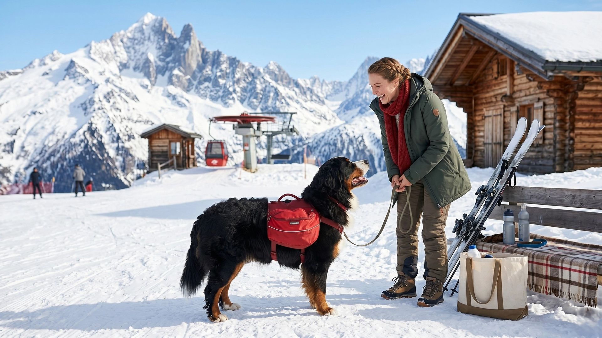 Chien et sa maîtresse en vacances d'hiver : ski, montagne et neige