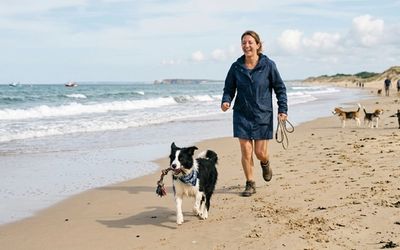 Chien et son maître sur une plage de Normandie