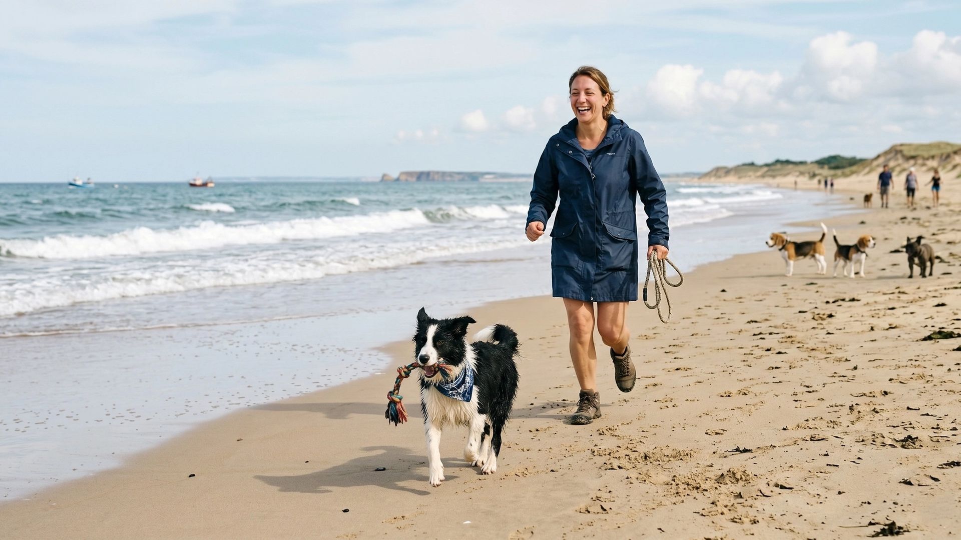 Chien et son maître sur une plage de Normandie
