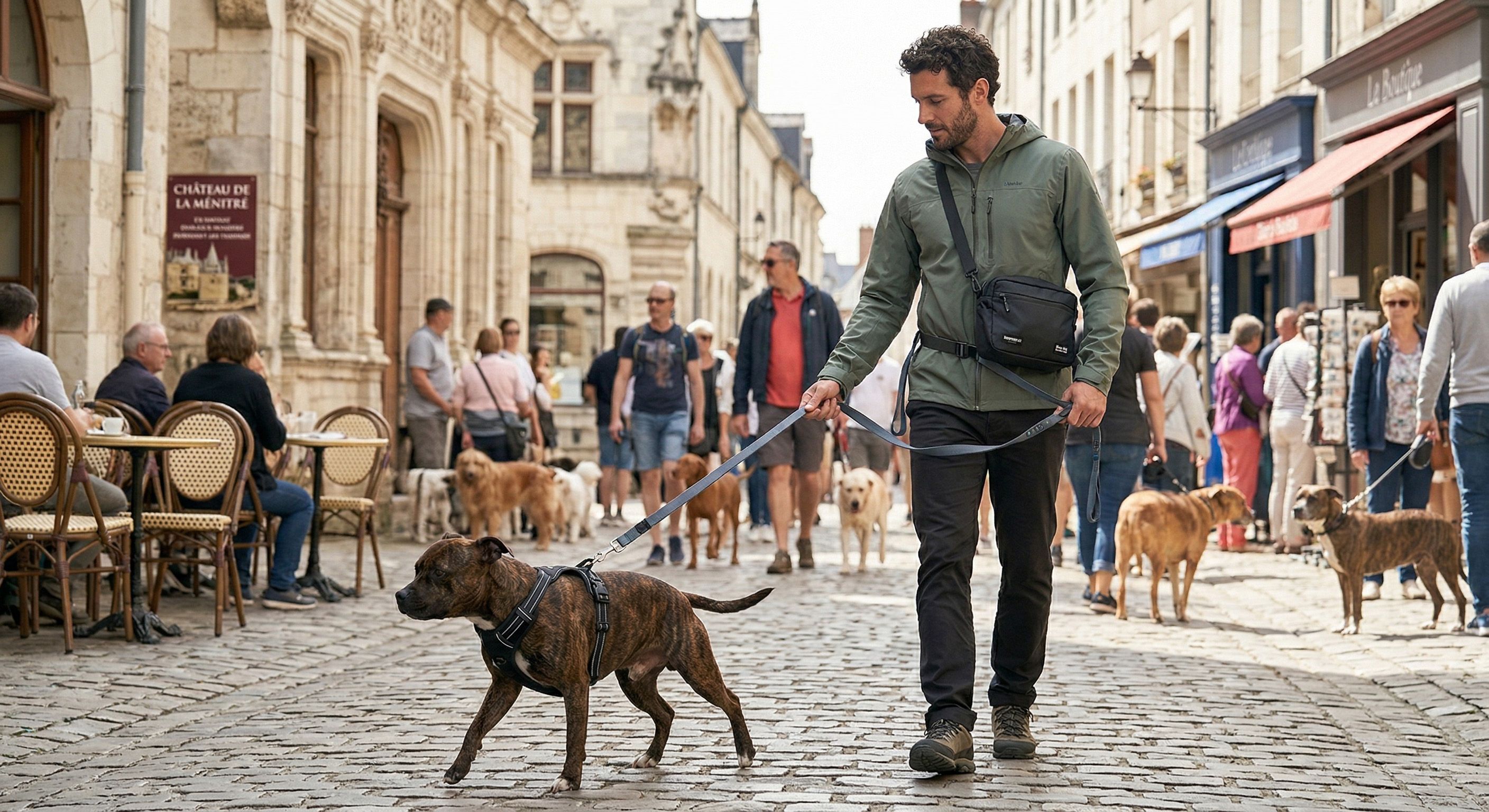Chien en laisse en ville
