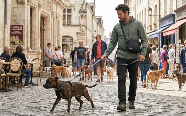 Chien en laisse en ville