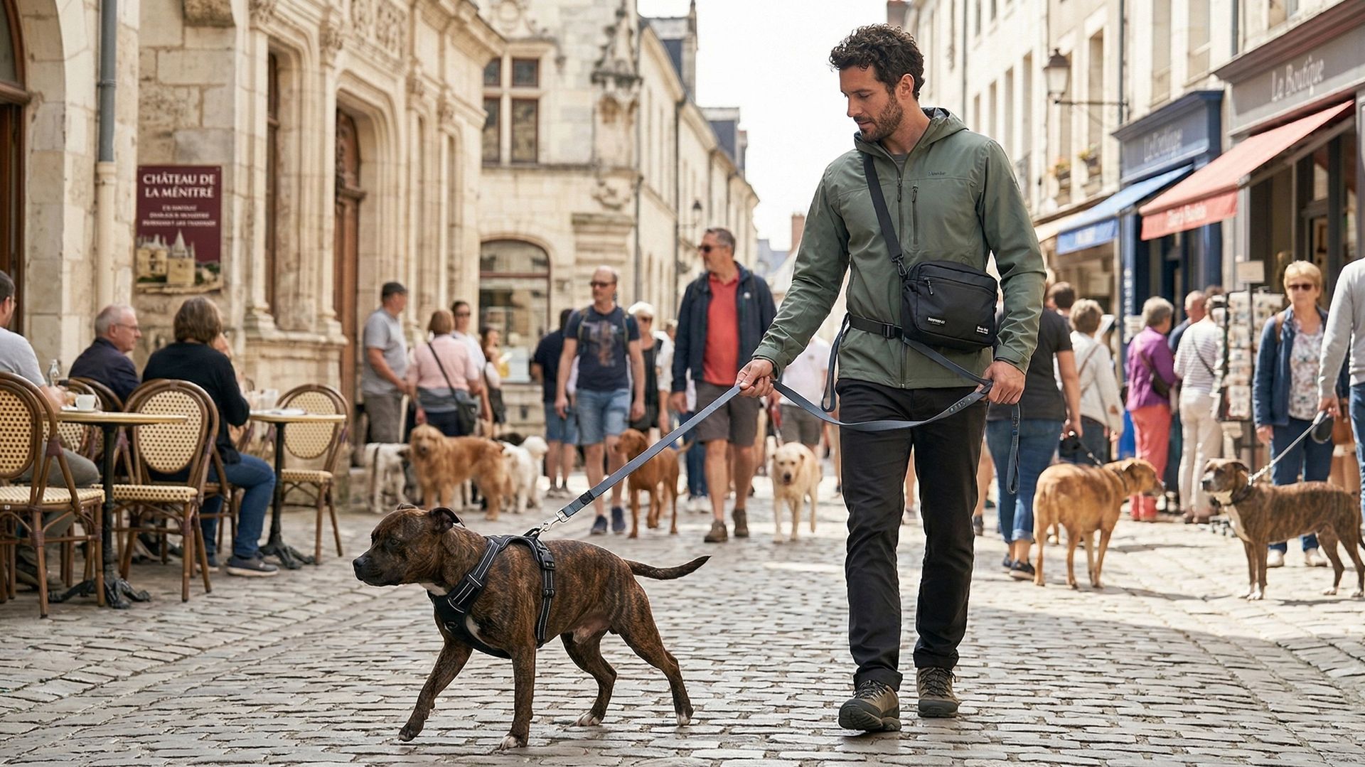 Chien en laisse en ville