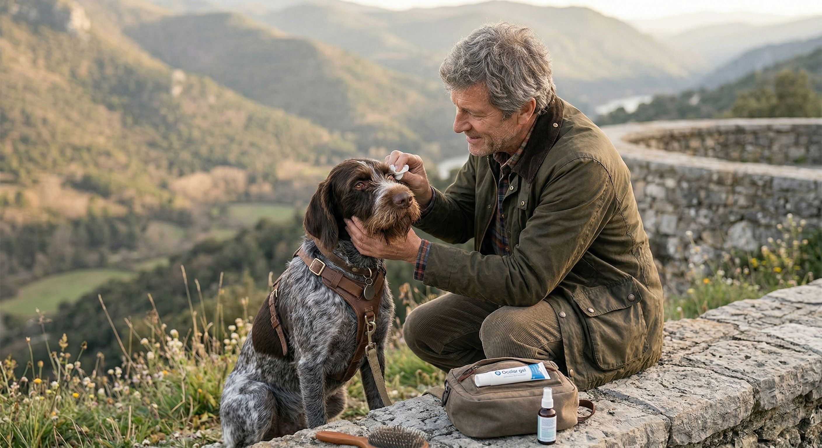Chien en campagne se faisant traiter les yeux