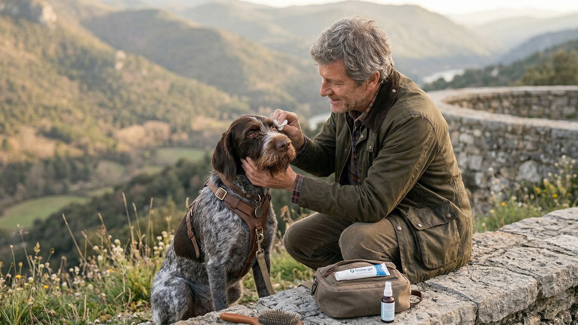 Chien en campagne se faisant traiter les yeux