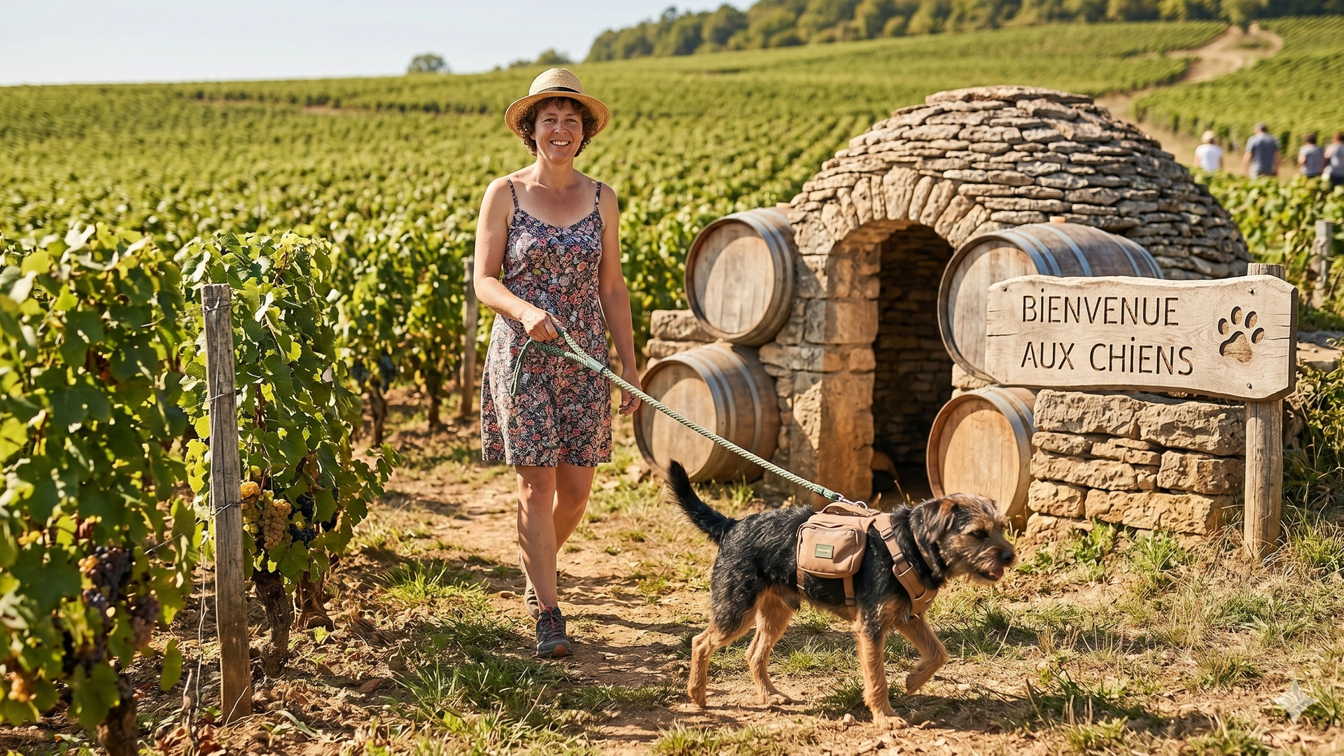 Maîtresse et son chien se promenant au milieu des vignobles et domaines viticoles