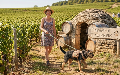 Maîtresse et son chien se promenant au milieu des vignobles et domaines viticoles