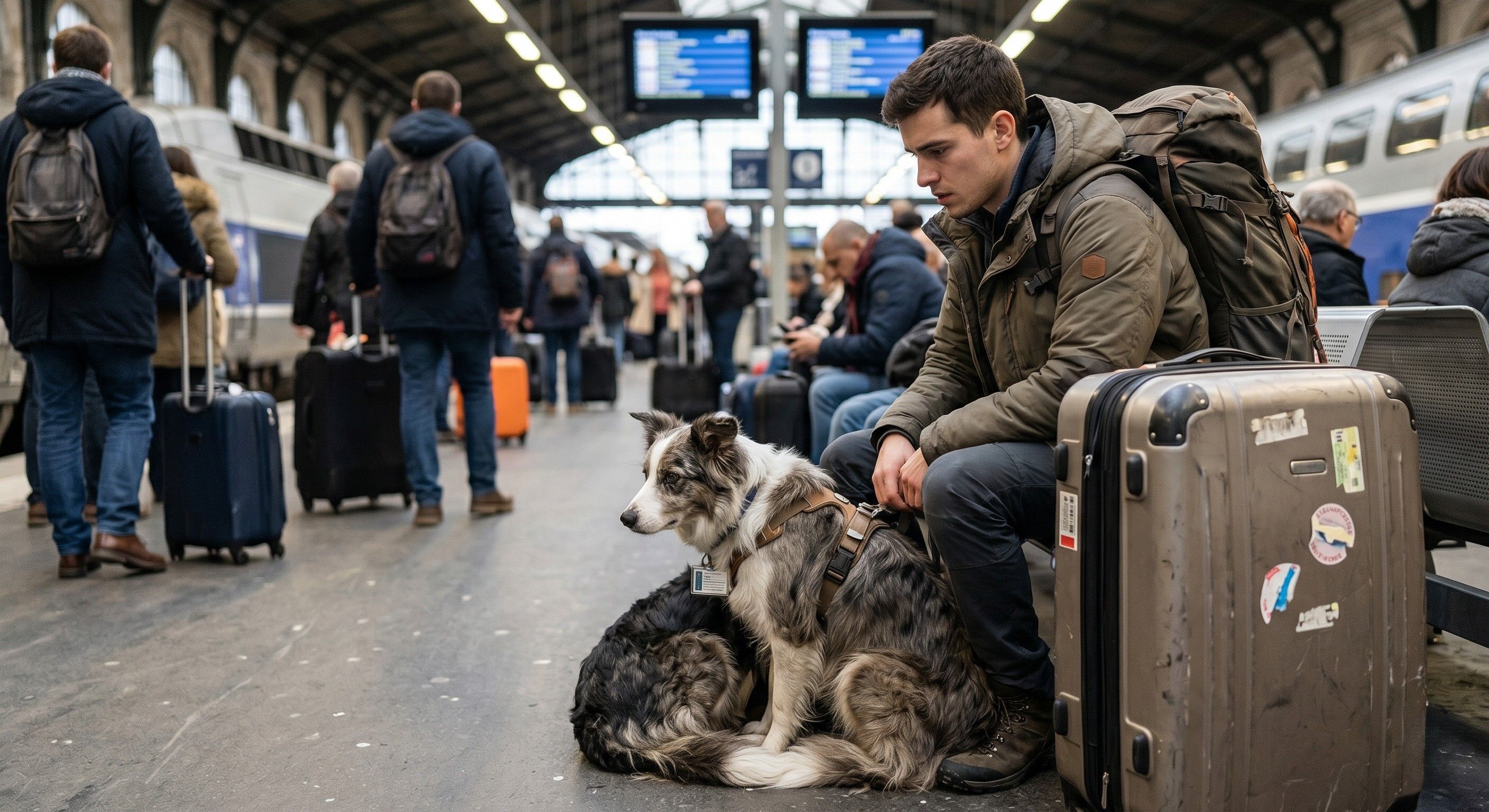 Chien triste dans une gare avec son maître