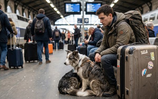Chien triste dans une gare avec son maître
