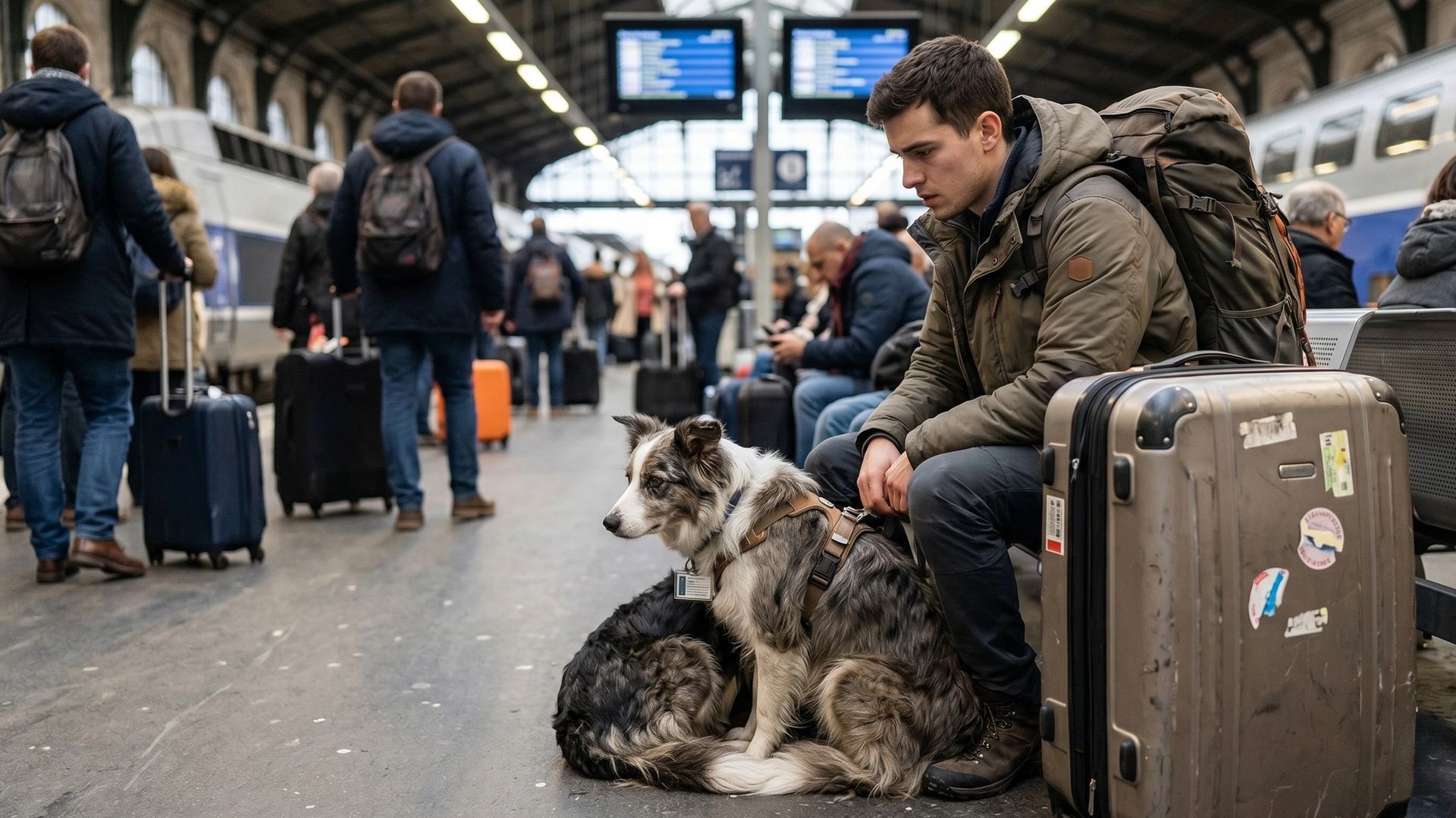 Chien triste dans une gare avec son maître