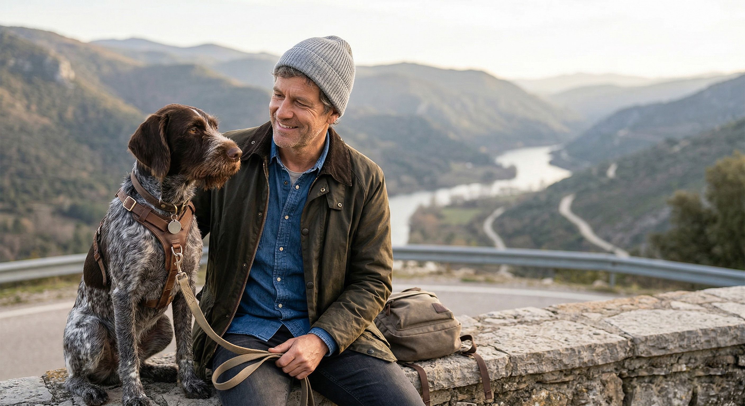 Chien à côté d'un sac et de son maître