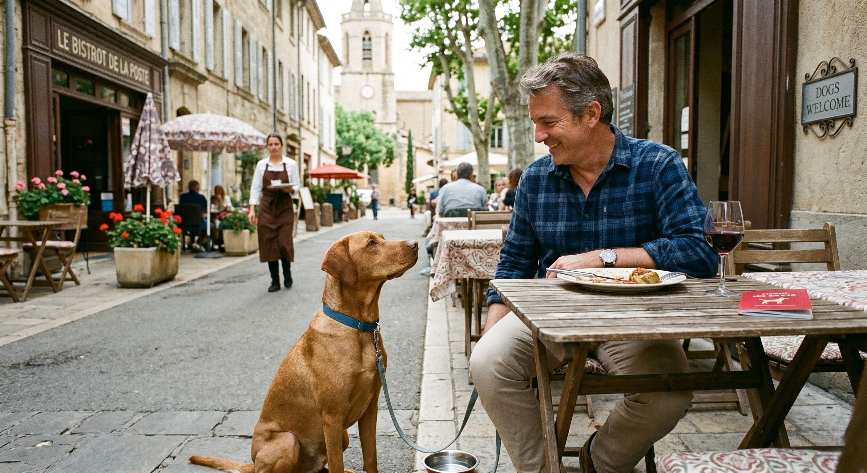 Chien au restaurant en terrasse
