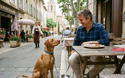 Chien au restaurant en terrasse