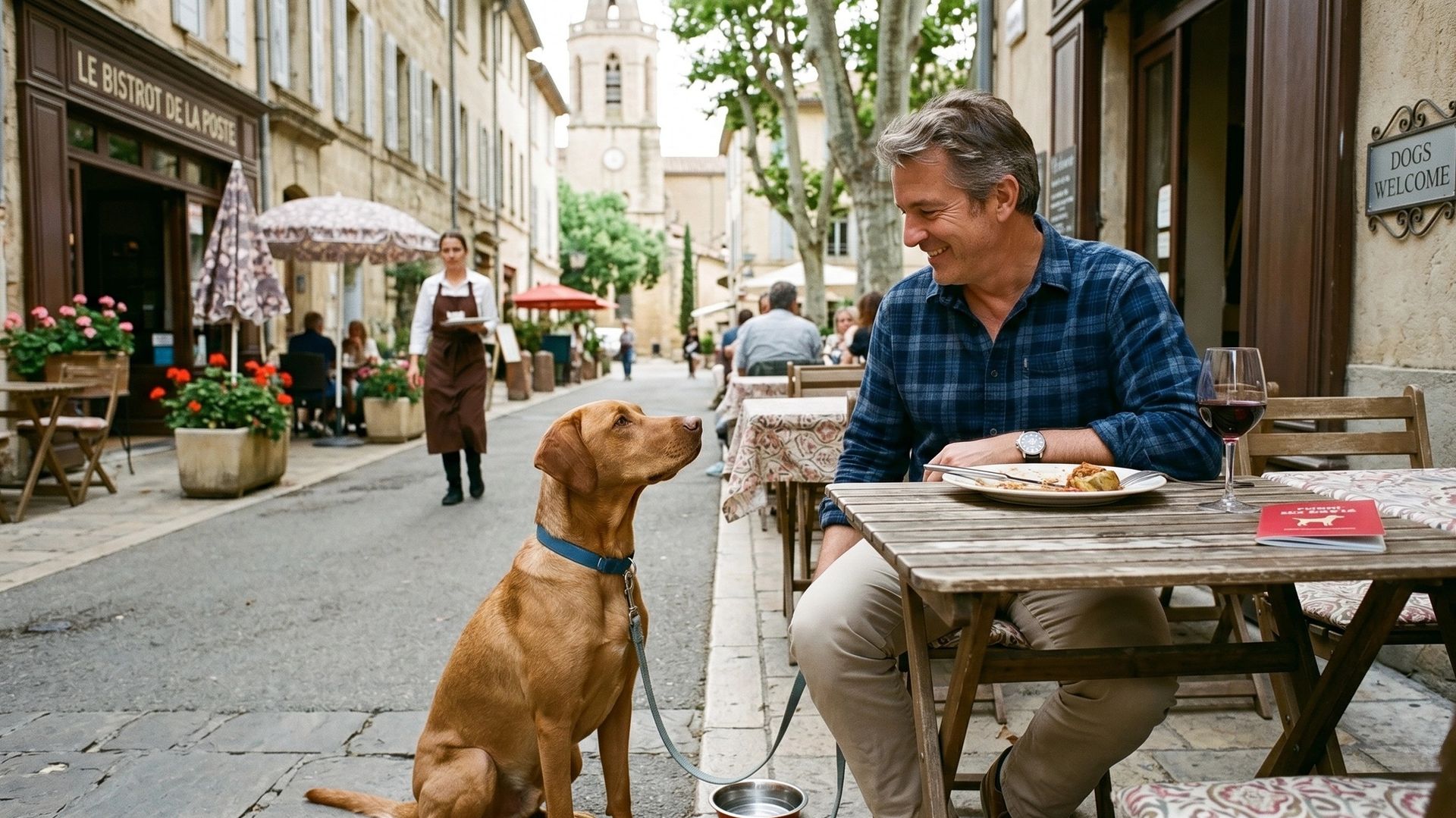 Chien au restaurant en terrasse