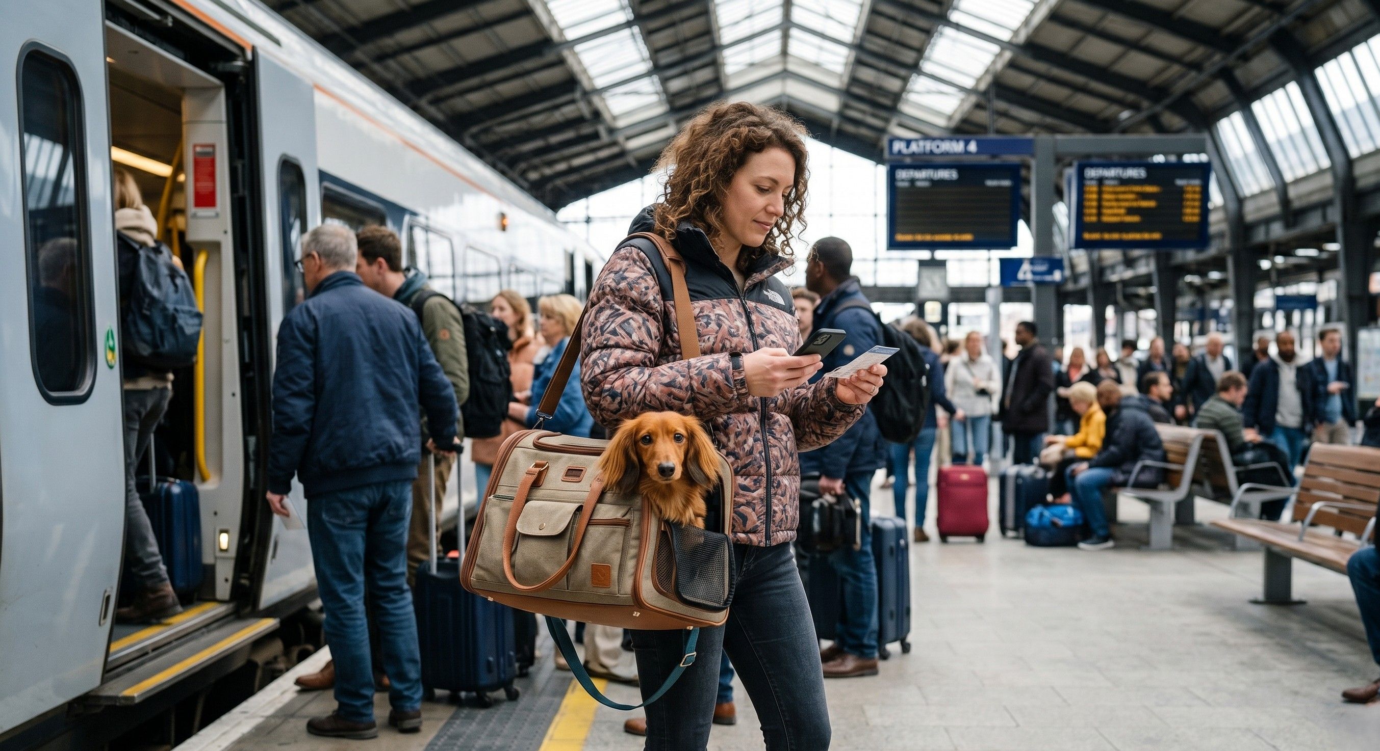 Chien dans un sac de transport dans une gare