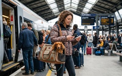 Chien dans un sac de transport dans une gare