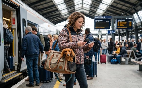 Chien dans un sac de transport dans une gare