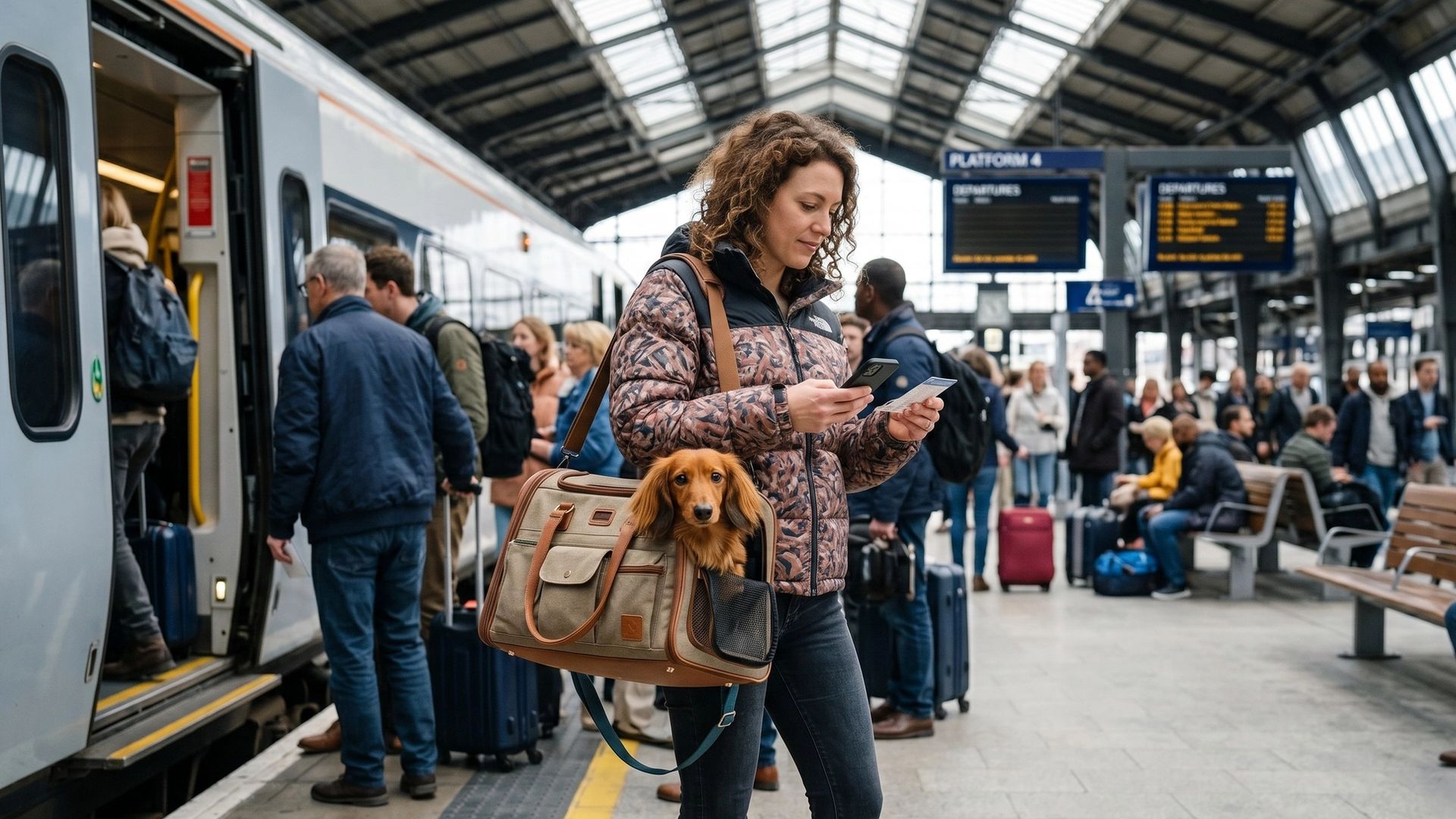 Chien dans un sac de transport dans une gare