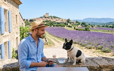 Chien et son maître en Vacances en Provence