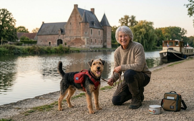 Chien heureux sur une plage de sable avec des dunes en arrière-plan, ambiance Côte d'Opale