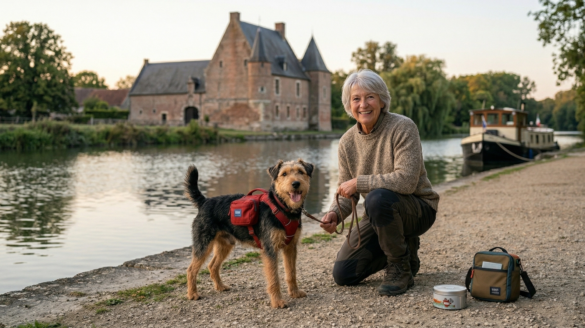 Chien heureux sur une plage de sable avec des dunes en arrière-plan, ambiance Côte d'Opale