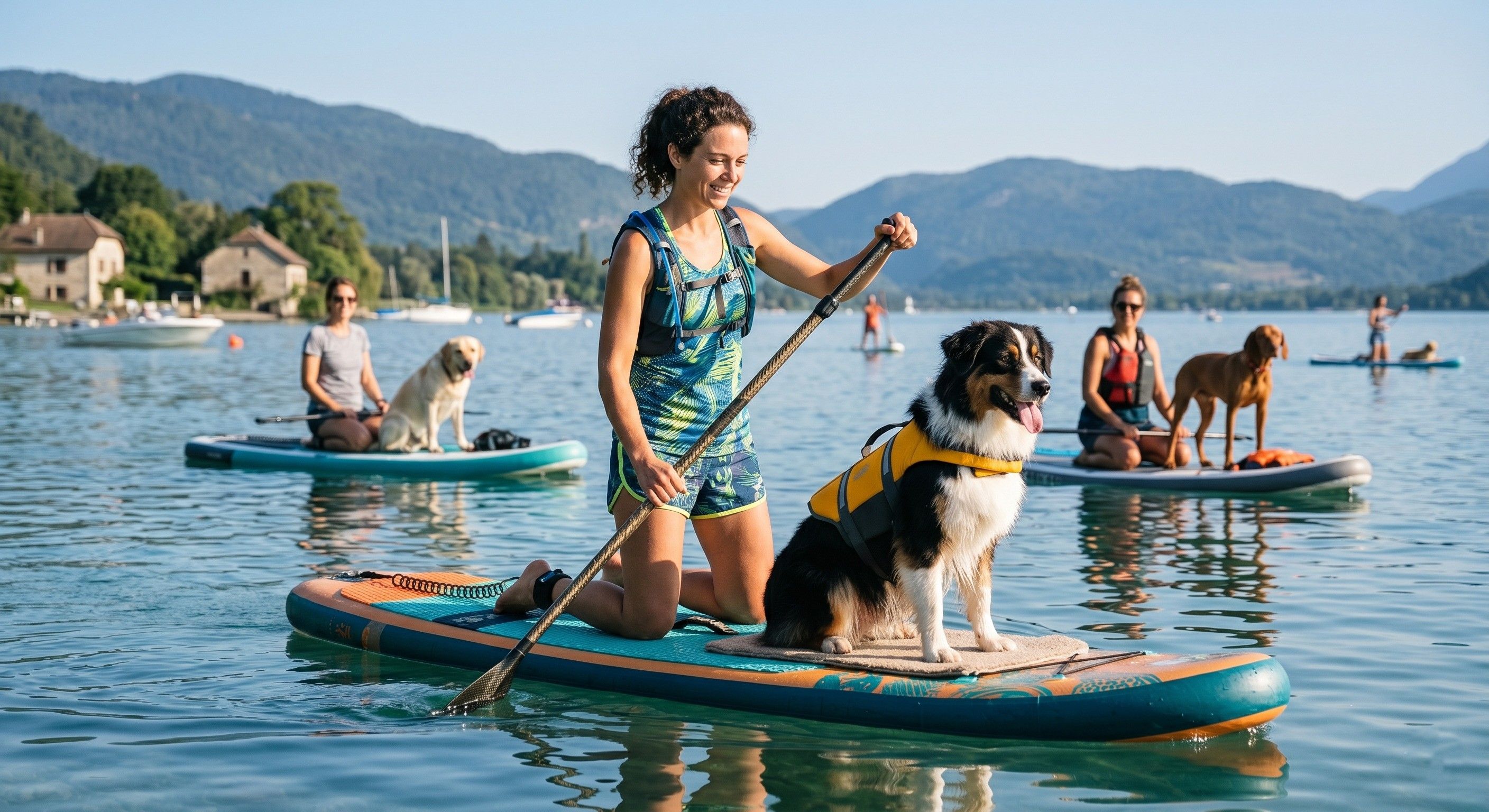 Chien et sa maîtresse pendant du Stand-up paddle