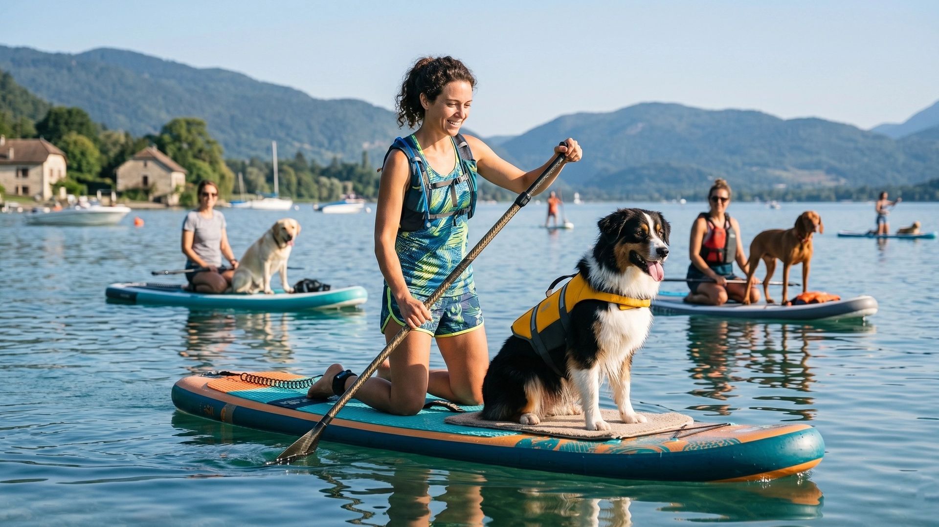 Chien et sa maîtresse pendant du Stand-up paddle