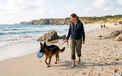 Chien et son maître sur une plage en France