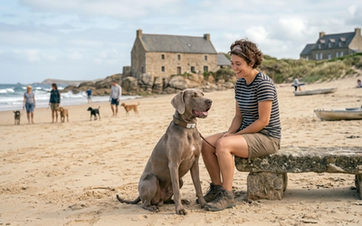 Maîtresse et son chien sur une plage d'Occitanie