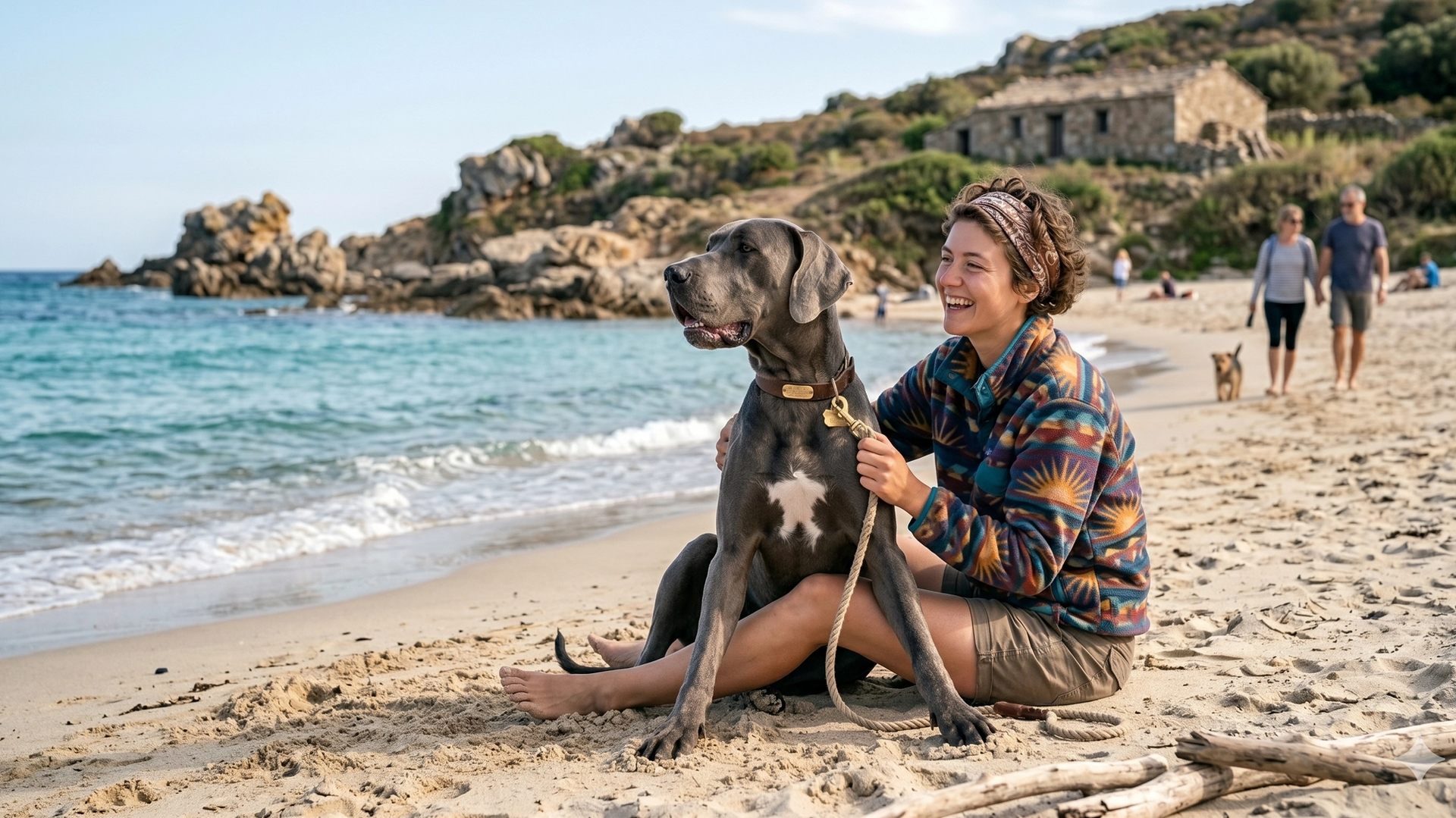 Maîtresse et son chien se promenant sur une plage en Corse