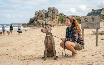 Maîtresse et son chien se promenant sur les plages de Normandie