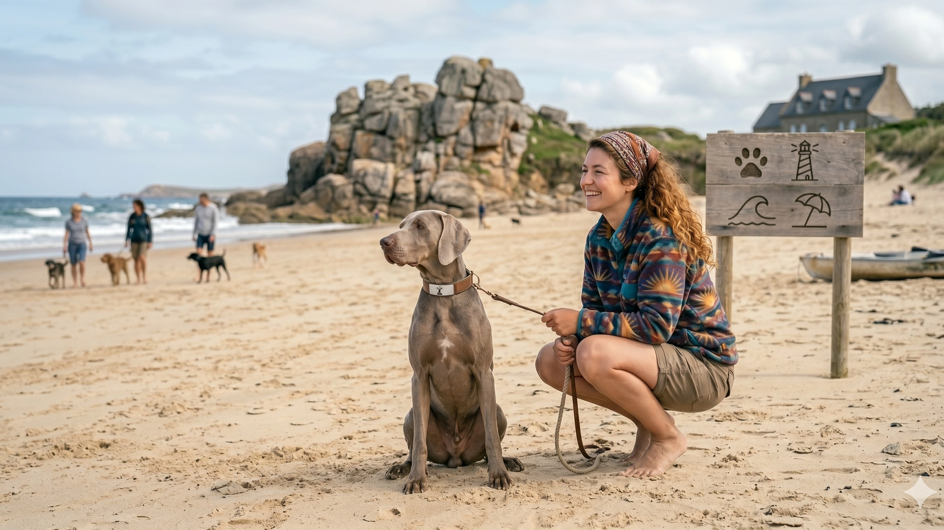 Maîtresse et son chien se promenant sur les plages de Normandie