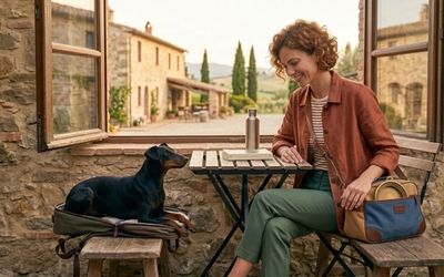 Maîtresse et son chien à une table en vacances
