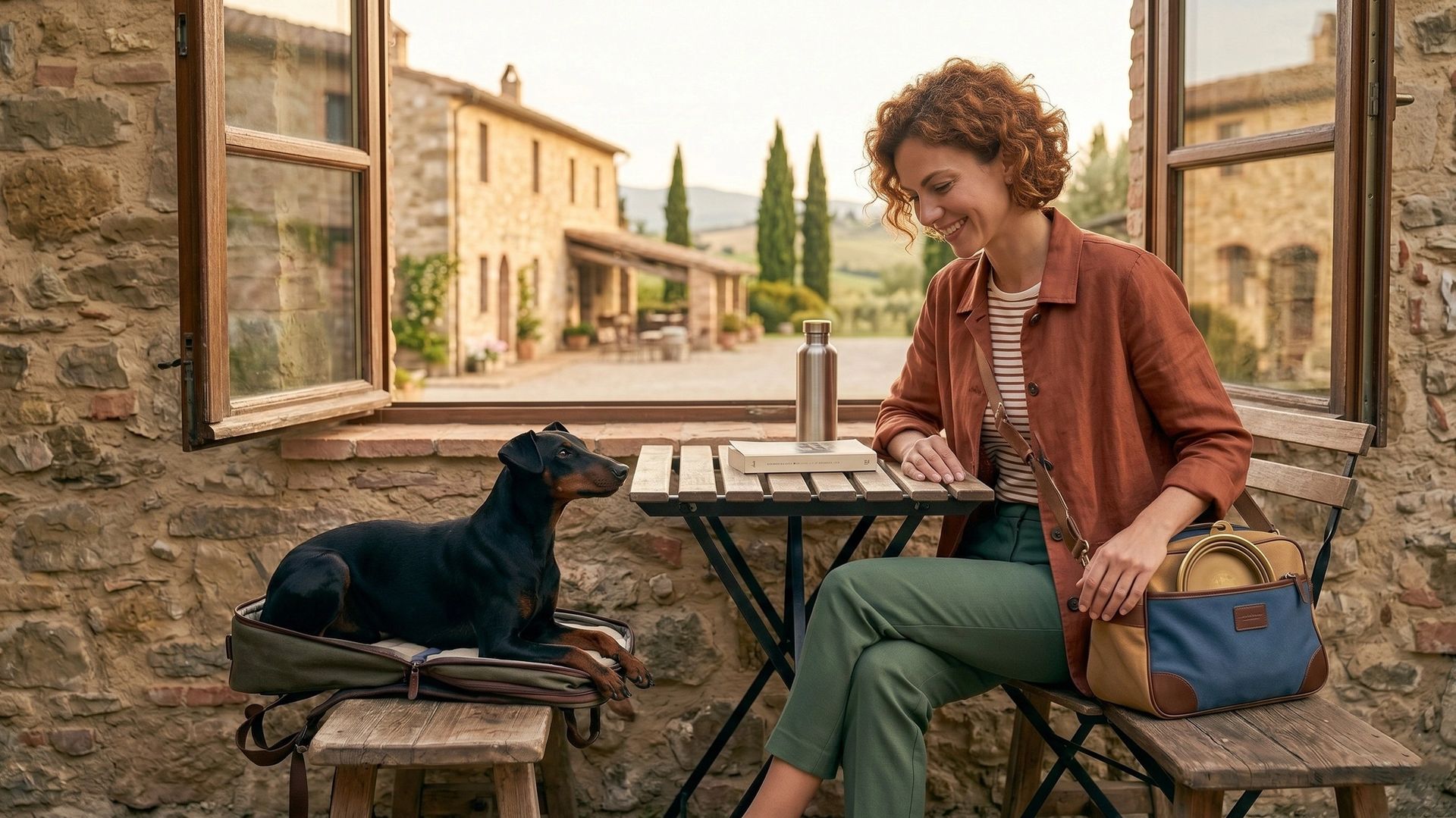Maîtresse et son chien à une table en vacances