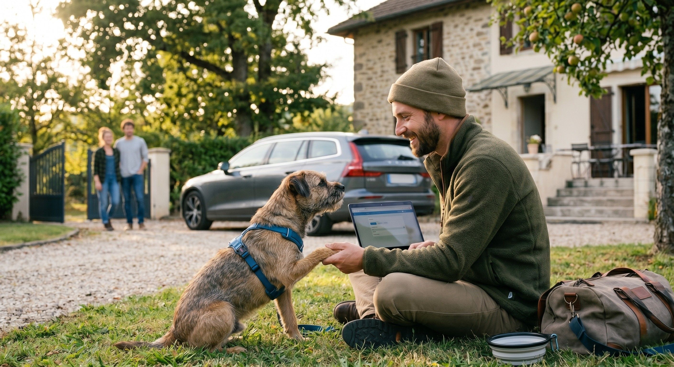 Chien dans l'herbe avec son maître