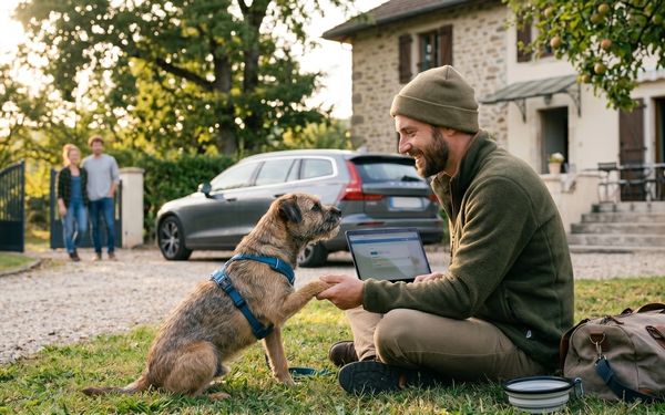 Chien dans l'herbe avec son maître