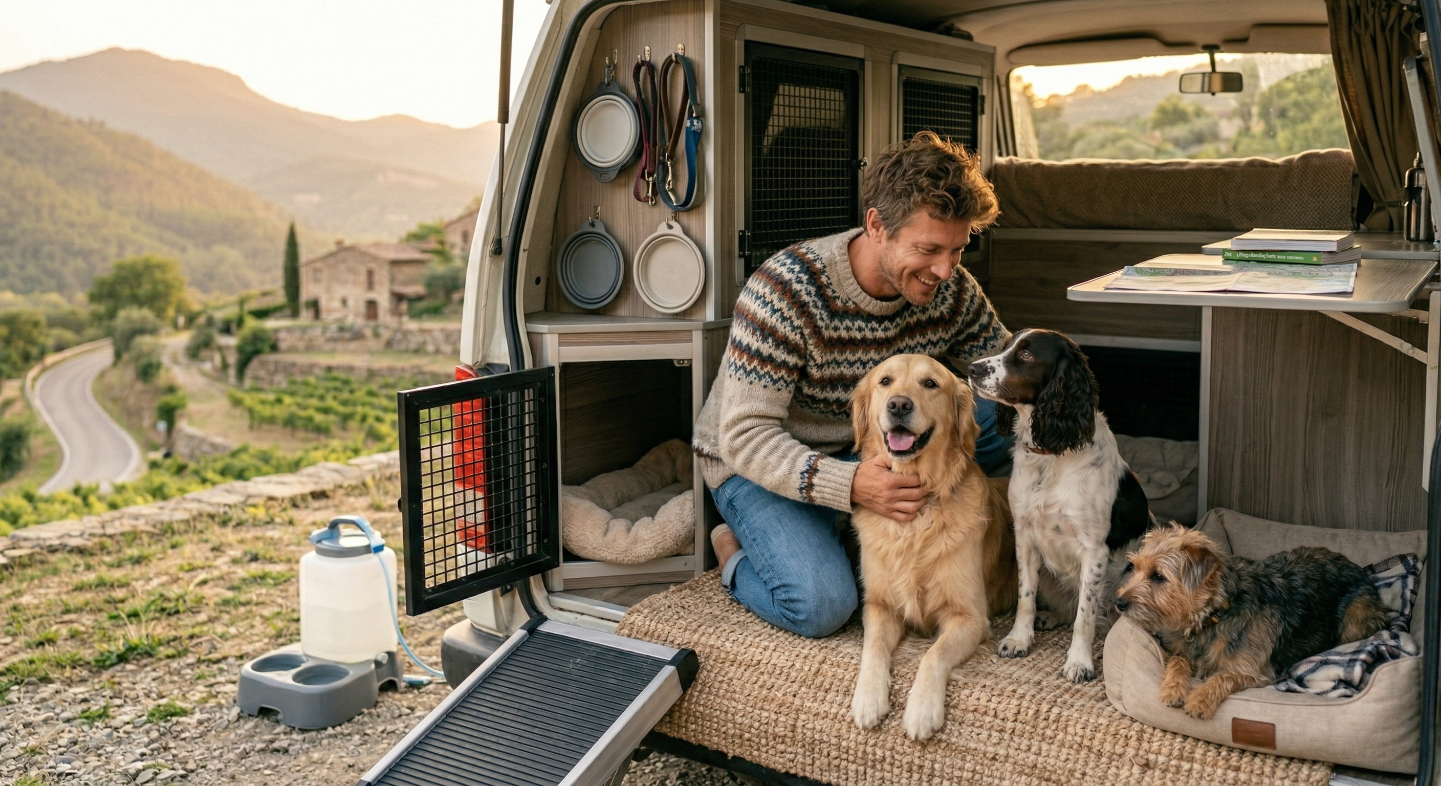 Trois chiens dans un van en voyage