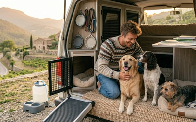 Trois chiens dans un van en voyage