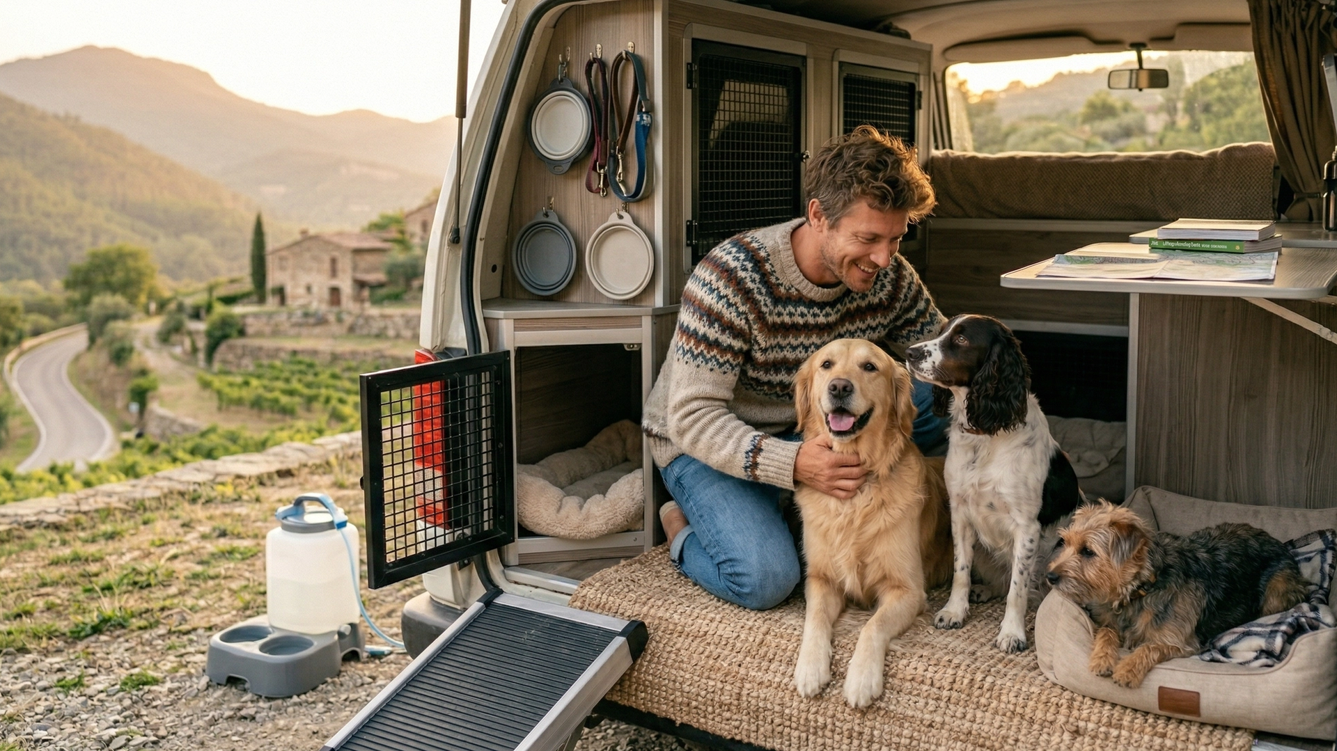 Trois chiens dans un van en voyage