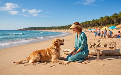Chien et son maître sur une plage des Landes