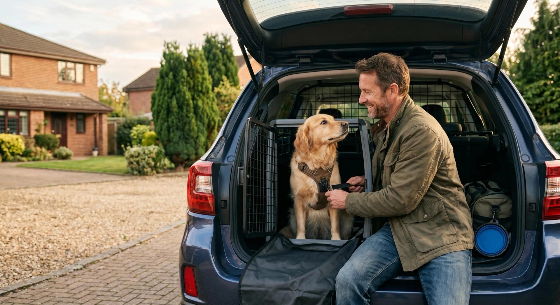 Chien et son maître à l'arrière d'une voiture