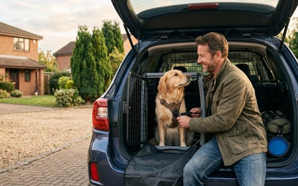 Chien et son maître à l'arrière d'une voiture