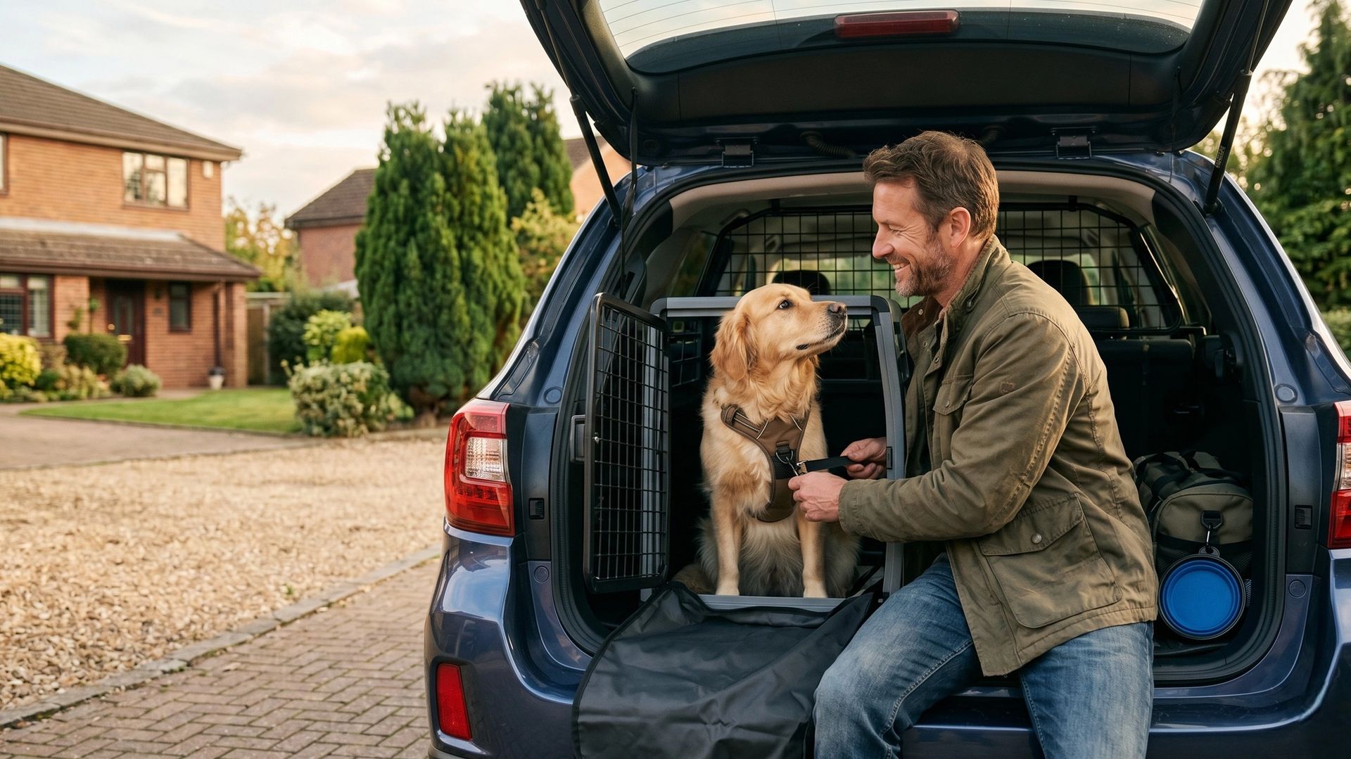 Chien et son maître à l'arrière d'une voiture
