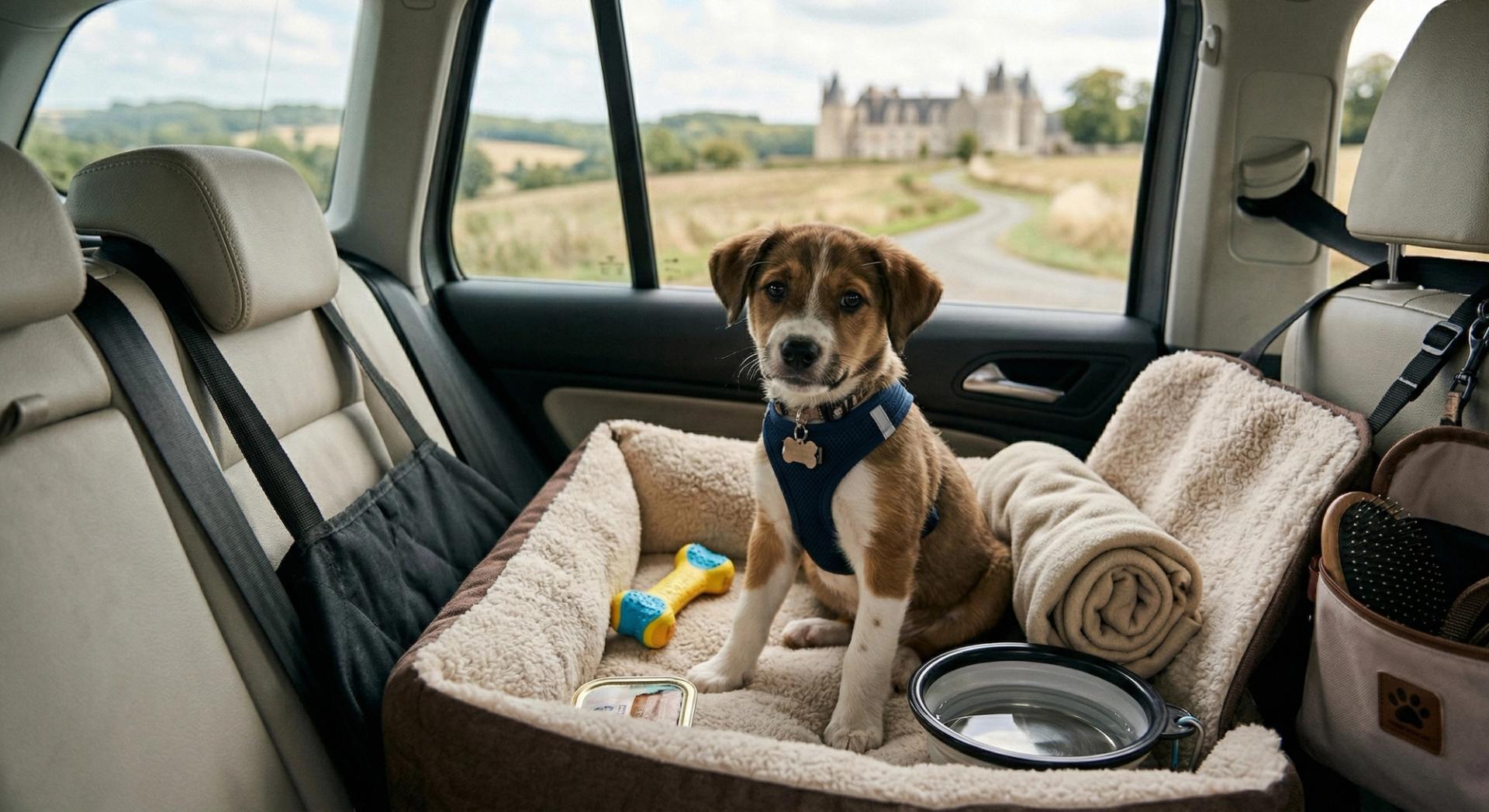 Chien en voyage dans une voiture