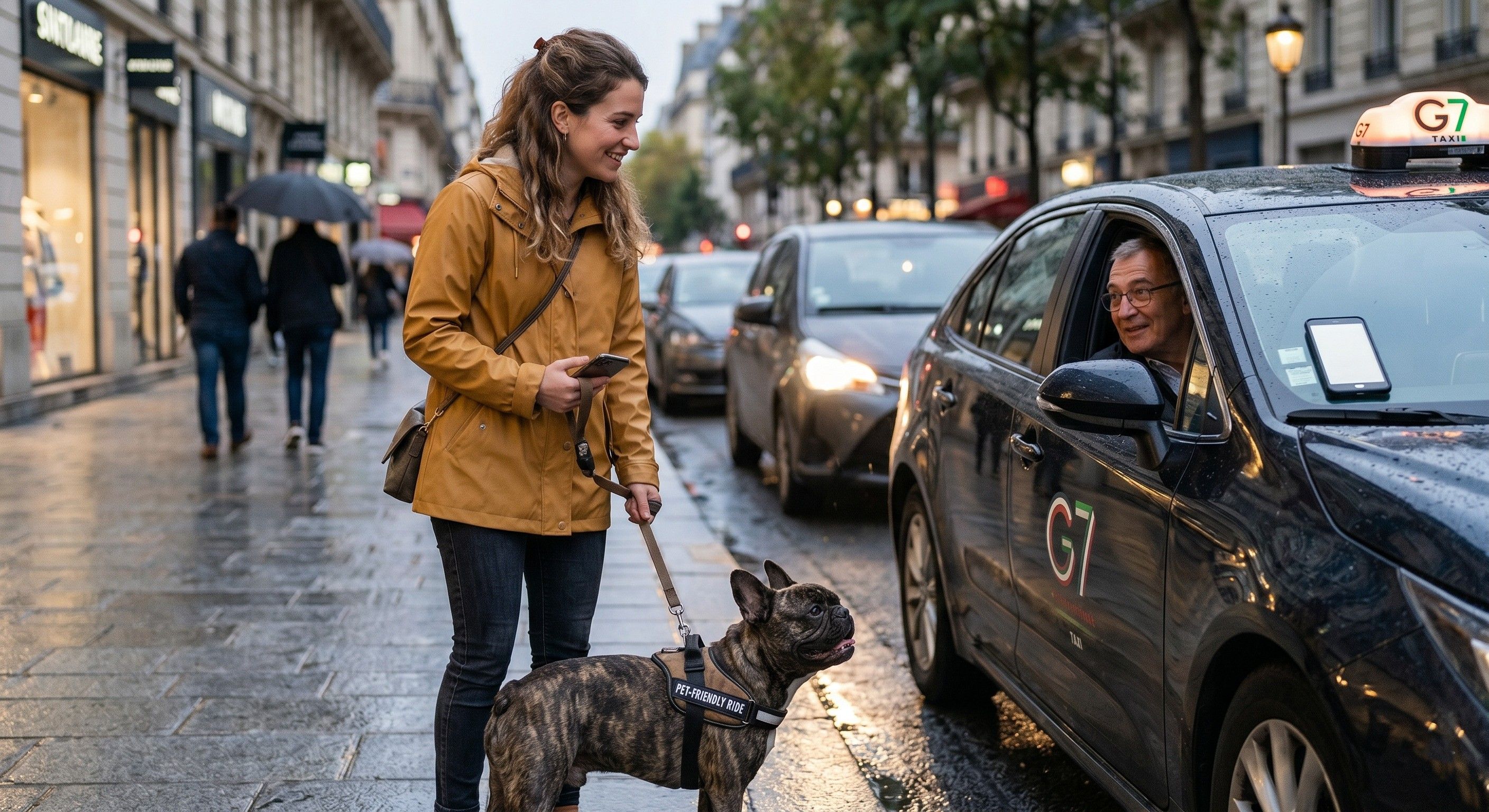 Chien et sa maîtresse à côté d'un taxi G7