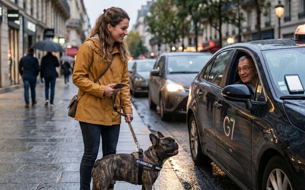 Chien et sa maîtresse à côté d'un taxi G7